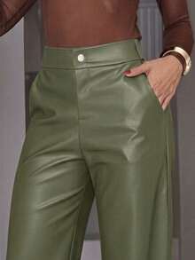 Women's Wide Leg Faux Leather Pants, High Waist, Fashion, Stylish, And Foreign Style - xanh quân đội - Xem 1