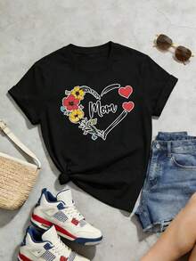 Women's Summer T-Shirt, Casual, Soft, Round Neck, Short Sleeve, Floral Print With Heart And The Word "Mom". White. - 黑色 - 查看 2