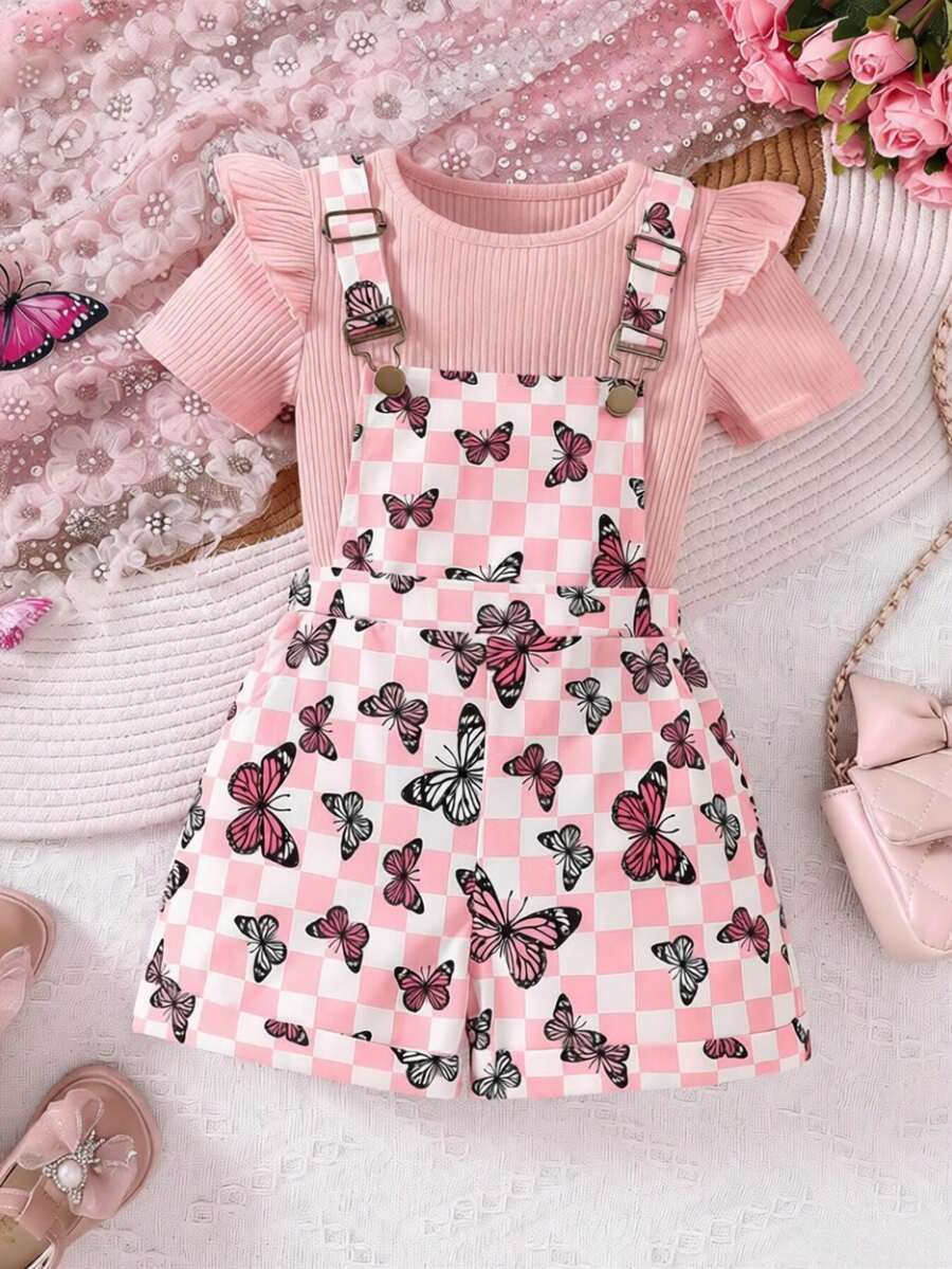 Young Girls Ribbed Solid Color Cap Sleeve Ruffle Top & Butterfly Print Strap Shorts 2 Pieces Set, Spring/Summer - Pink - View 1