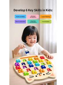 1 Set Papan Gores Huruf Kayu Bergambar Kucing Kartun, Papan Puzzle Mencocokkan 26 Huruf untuk Anak-Anak, Mainan Sains Edukatif, Mainan Sains Edukatif Kognitif untuk Pembelajaran Dini - MultiWarna - View 3