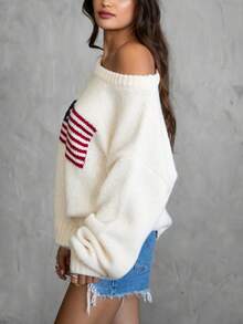 Women American Flag Off Shoulder Knit Sweater, Oversized Star Stripe Long Sleeve Loose Pullover, Patriotic Jumper For 4th Of July Daily Casual Wear - 白色 - 查看 2