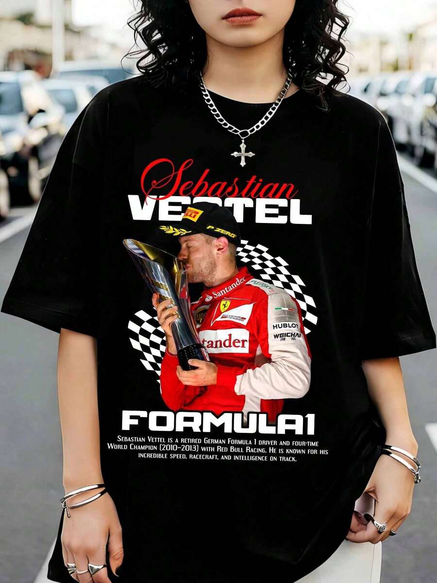 Graphic T-Shirt S-SebastianSS Vettel FormulaS 1, Retro T-Shirt With Round Neck And Short Black Sleeves, Ideal For Fans. - Black - View 1