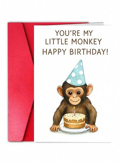 1Pc Cute Birthday Card - Funny Monkey Cake Party Theme, Suitable For Friends And Family To Celebrate! The Perfect Gift For Special Occasions!