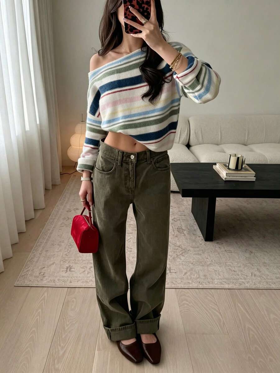 Lubi Women's Spring Early Autumn Fashion Colorful Striped Asymmetric Neck Collar Wide Long Sleeve Short Knit Fabric Pullover Top, Suitable For Daily, Office, Date, Street, Travel - Multicolor - View 1