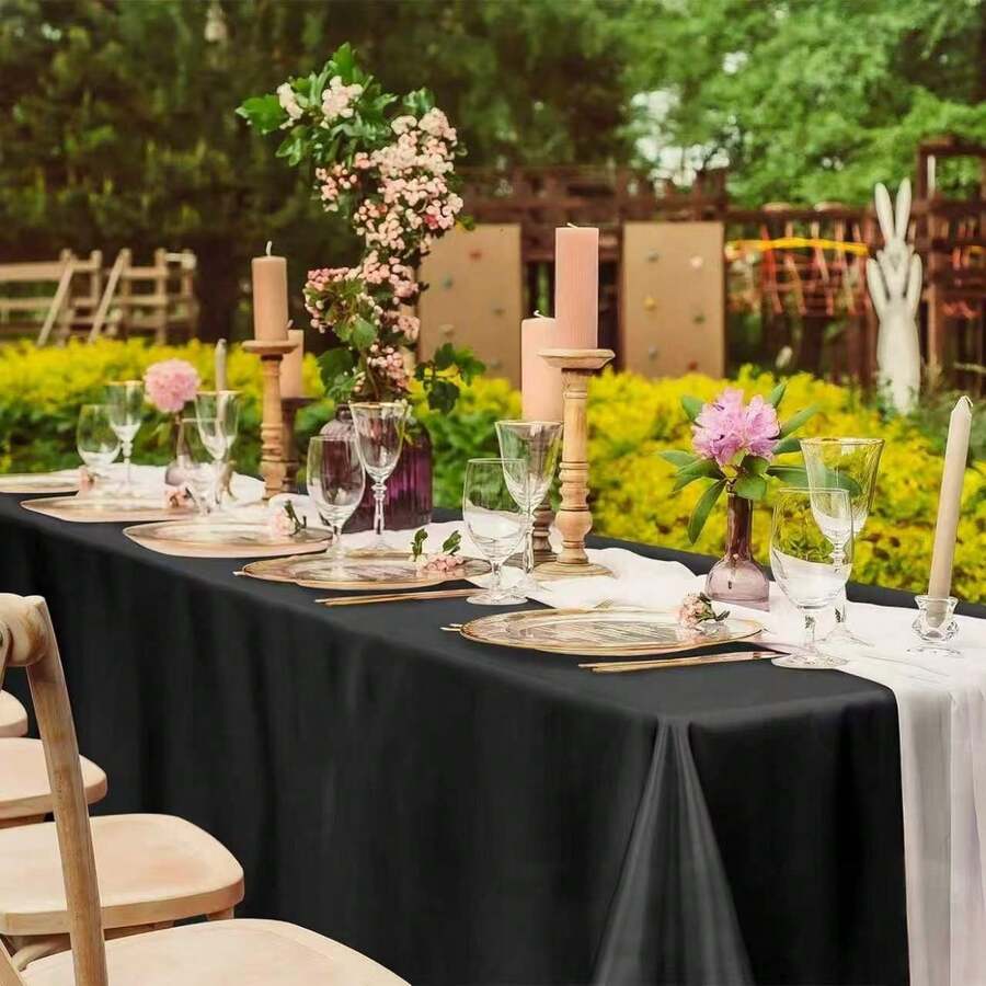 1pc Multi-Color Satin Tablecloth, Wedding Decor Tablecloth, Party Decor Tablecloth - Black - View 1