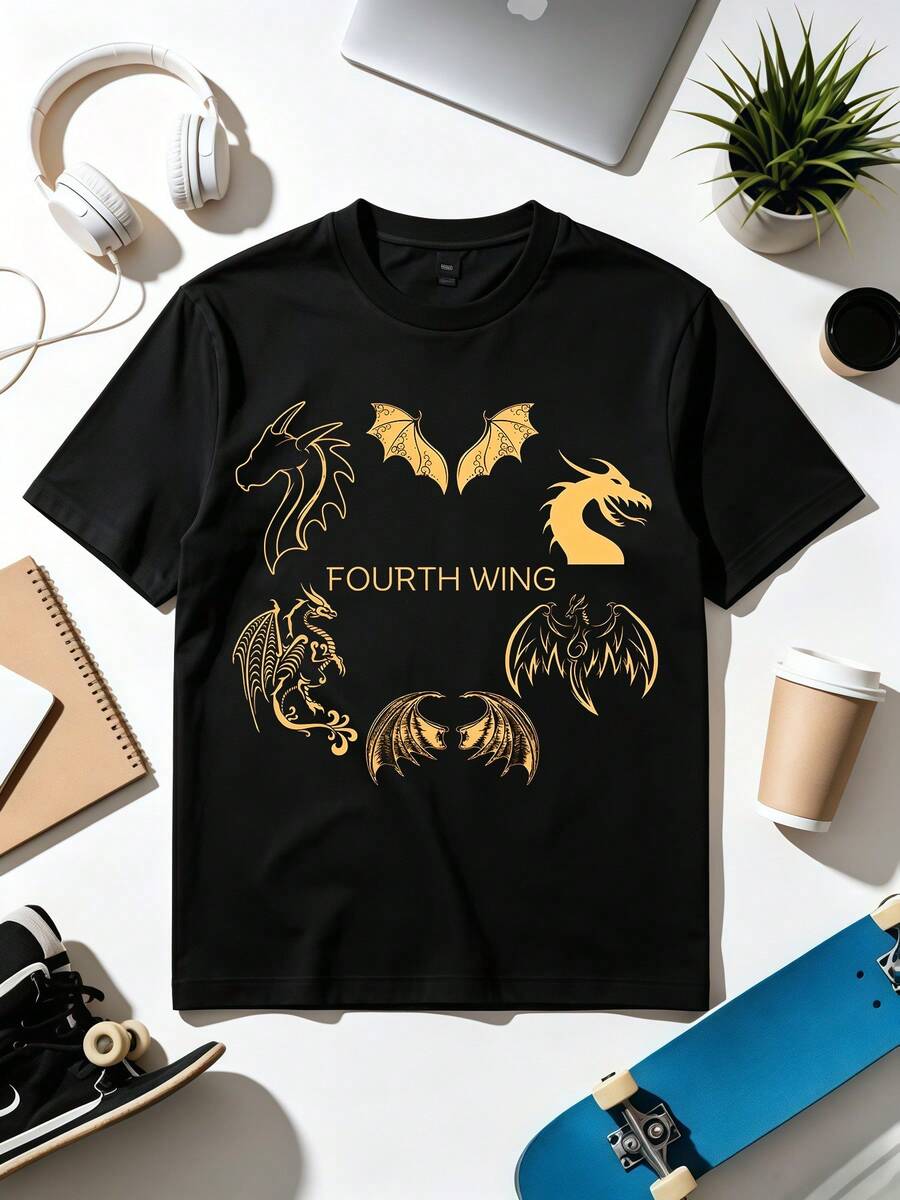 Fourth Wing Dragon Silhouette Collection T-Shirt. Soft Fabric, Loose-Fitting, Everyday Casual T-Shirt. - Black - View 1