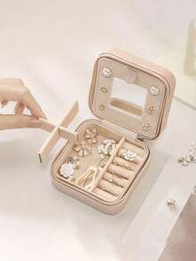 1pc Travel Jewelry Box, Gift For Women, Mini Jewelry Organizer With Mirror, Necklace & Earring Storage Box, Pink Travel Essential, Suitable For Vacation, Beach, Bathroom, Bedroom, Large Capacity - Multicolor - View 5