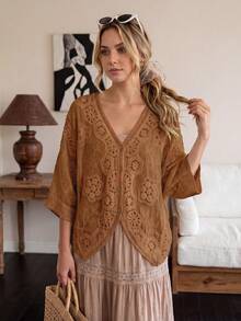 波希米亞風V領刺繡罩衫 - 夏季海灘度假寬鬆和服罩衫，附花卉蕾絲細節 - 亮橙色 - 查看 5