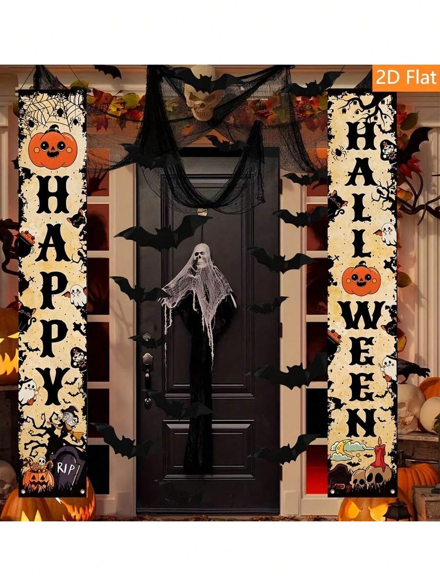2pcs Halloween Pumpkin Skull Banner, 2D Flat Banner, Halloween Home Entrance Decoration Banner With Cute Pumpkin, Witch, Ghost And Skull Design, Suitable For Indoor And Outdoor Party Decoration, Halloween Party Decor