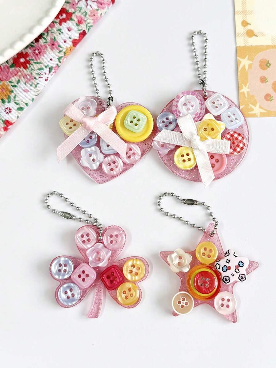1 pieza Colgante de botón acrílico creativo con llavero de trébol de cuatro hojas, estrella, corazón, accesorio de bolsa de regalo, encanto dulce Y2K estilo retro con cuentas - Multicolor - Ver 1