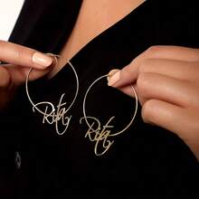 Customized Women's Hoop Earrings, Summer Jewelry, Customized Shiny Stainless Steel Hoop Earrings Are The Perfect Gift For Valentine's Day, Anniversary Or For Friends, Girlfriends Or Boyfriends. Matte Nameplate Earrings, Personalized Jewelry Gifts, Suitable For Anniversary, Wedding, Mother's Day And Other Occasions, Are Women's Beach Accessories. - Gold - View 6