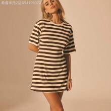 Soqi Women's Clothing Vestido camiseta casual de manga corta con cintura ceñida y rayas teñidas en hilo, estilo Y2K de Estocolmo - Multicolor - Ver 8