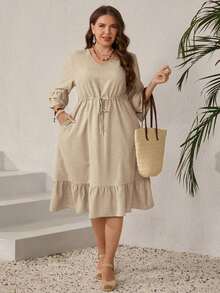 Vestido casual de talla con cintura con cordón y dobladillo con volantes de unicolor - Caqui - Ver 4