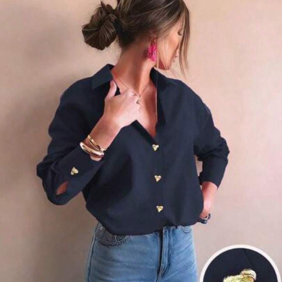Camisa básica elegante y casual con botones de metal en forma de corazón a rayas de color rosa pálido, ropa de exterior casual de otoño/invierno, ropa casual de negocios para mujer en primavera - Azul marino - Ver 1