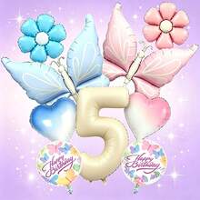 Conjunto de globos con temática de mariposas soñadoras, incluye globos con números en blanco lechoso, globos de mariposas en degradado rosa y azul, globos de margaritas, globos de corazones en degradado, adecuado como regalo sorpresa para niños y niñas, fiesta de cumpleaños con tema de hadas, reunión lúdica entre padres e hijos, decoración de habitación femenina, celebración o fiesta del centésimo día del bebé, creando una atmósfera de fiesta inspirada en cuentos de hadas, alegre, suave y enérgica - Ver 8