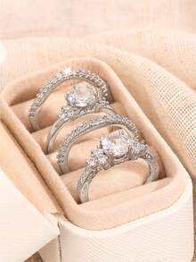 4pcs Cubic Zirconia Stone Ring Set With Gift Box, Suitable For Women, Applicable For Wedding, Engagement, Anniversary Party, Jewelry Valentine's Day Gift - 1# - View 3