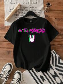 A Tu Merced Neon Bunny Tee.Vintage Graphic Print Casual Cotton Short Sleeve T-Shirt - Black - View 1