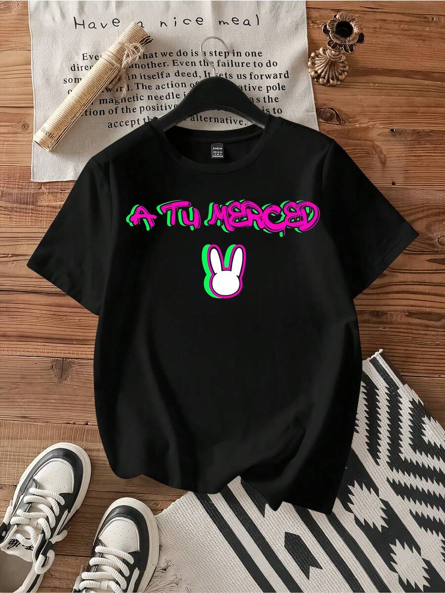 A Tu Merced Neon Bunny Tee.Vintage Graphic Print Casual Cotton Short Sleeve T-Shirt - Black - View 1