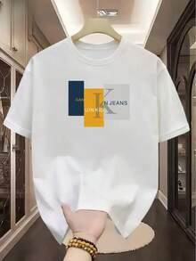 Men's T-Shirt, New Summer Collection 2026. TM411 Men's Short-Sleeved T-Shirt, 100% Cotton, With Geometric Letter Print, Comfortable And Breathable For Leisure, High-Quality Three-Needle Stitching. 6IOZ - 白色 - 查看 1
