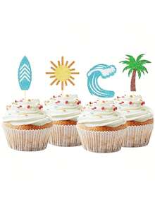 12pcs Summer Cake Decor Toppers, Featuring Starfish, Surfboard, Wave, Sun, Palm Tree, And Other Shaped Cake Decorations; Glittery Beach Party Cupcake Labels; Themed Party Cake Labels; Suitable For Party Cake Decorating Supplies. - Type a - View 5