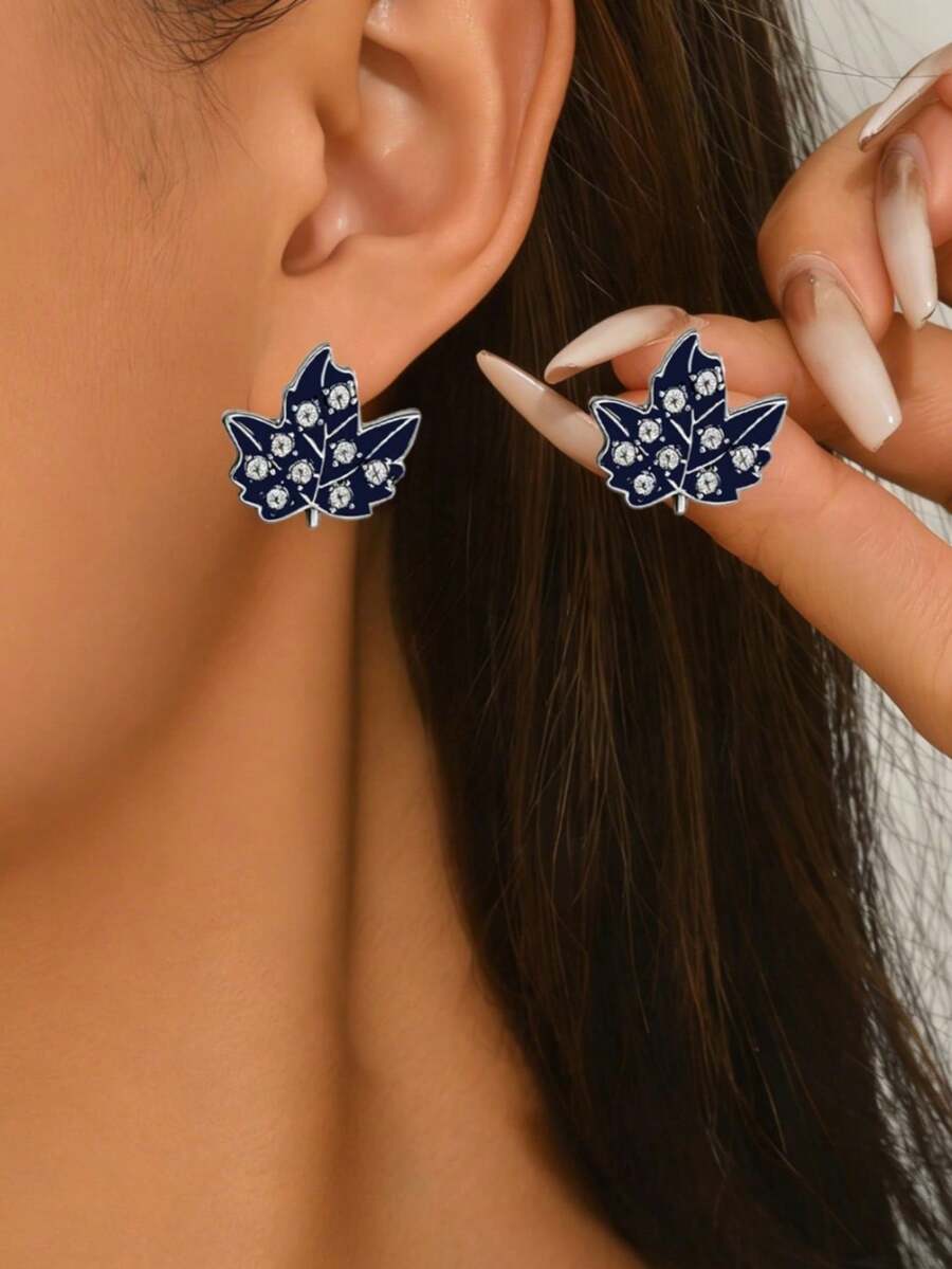 2pcs Fashionable Maple Leaf Stud Earrings, Minimalist Design With Sparkling Rhinestones, Elegant For Daily Wear - Navy Blue - View 1