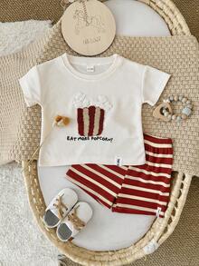2pcs/Set Baby Boy Cake Embroidery Waffle Knit Short Sleeve T-Shirt + Striped Shorts, Spring/Summer - Red - View 13