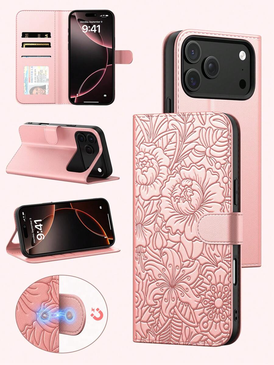 Multifunctional Wallet Phone Case Compatible With Apple 17 Pro MAX, Card Holder Phone Case 17, Apple 16 Pro Max Card Holder Phone Case, Wallet Flip Phone Case Compatible With Apple 16 Pro/Apple 13/Apple 11, Credit Card Holder Phone Case Compatible With Samsung S26 Ultra/ S25 Ultra; Built-In Practical Stand Phone Case 17 Pro, Flip Protective Case With Magnetic Buckle. Suitable For Daily Use Honor Phone Case. Waterproof, Shockproof, Anti-Drop, Anti-Scratch, Full Coverage Design Smartphone Case. Summer Floral Embossed Apple Phone Case. - Pink - View 1
