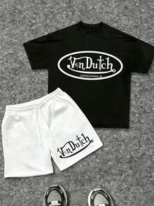 Mens Creative T Shirt And Shorts Set American Vintage Full Print Street Wear Essential T Shirt Set Men Graphic T Shirt And Shorts Set With Vonn Dutch Originals Logo Print - 黑色 - 查看 1