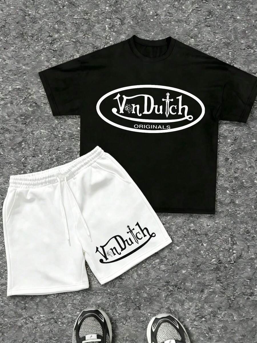 Mens Creative T Shirt And Shorts Set American Vintage Full Print Street Wear Essential T Shirt Set Men Graphic T Shirt And Shorts Set With Vonn Dutch Originals Logo Print - 黑色 - 查看 1