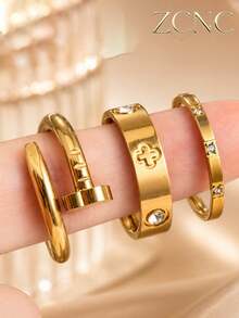 1pc 18K Gold Plated Unique Lucky Flower Stainless Steel Ring, Unisex, Suitable As Mother's Day, Valentine's Day, Christmas Gift - 3-piece Set - View 11