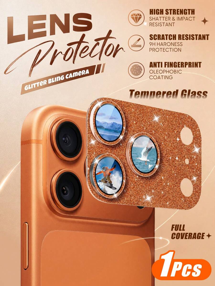 1pc - 17 Pro Max Camera Screen Protector, Glossy Camera Cover, With 9H Tempered Glass Lens And Metal Decorative Ring, 6.9 Inch (Shiny Orange) - Burnt Orange - View 1