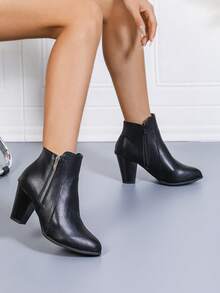 PWIIMG Women's Fashionable Black High Heel Ankle Boots, Double Zipper Design, Lace Trim Solid Color High Heels, Motorcycle Boots In Retro British Style, Chunky Heel Comfortable Material Ankle Boots, Autumn/Winter Cool High Heel Boots, Lace Trim, Cone Heel Boots, Black Boots,Boots For Women - Black - View 11