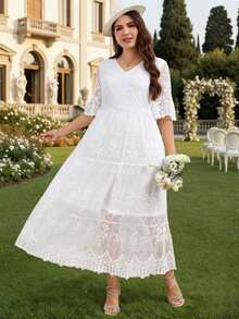 Vestido largo de color amarillo para mujeres de talla con cuello en V profundo, mangas con ribete de volantes y dobladillo con varios niveles para el verano - Blanco - Ver 12