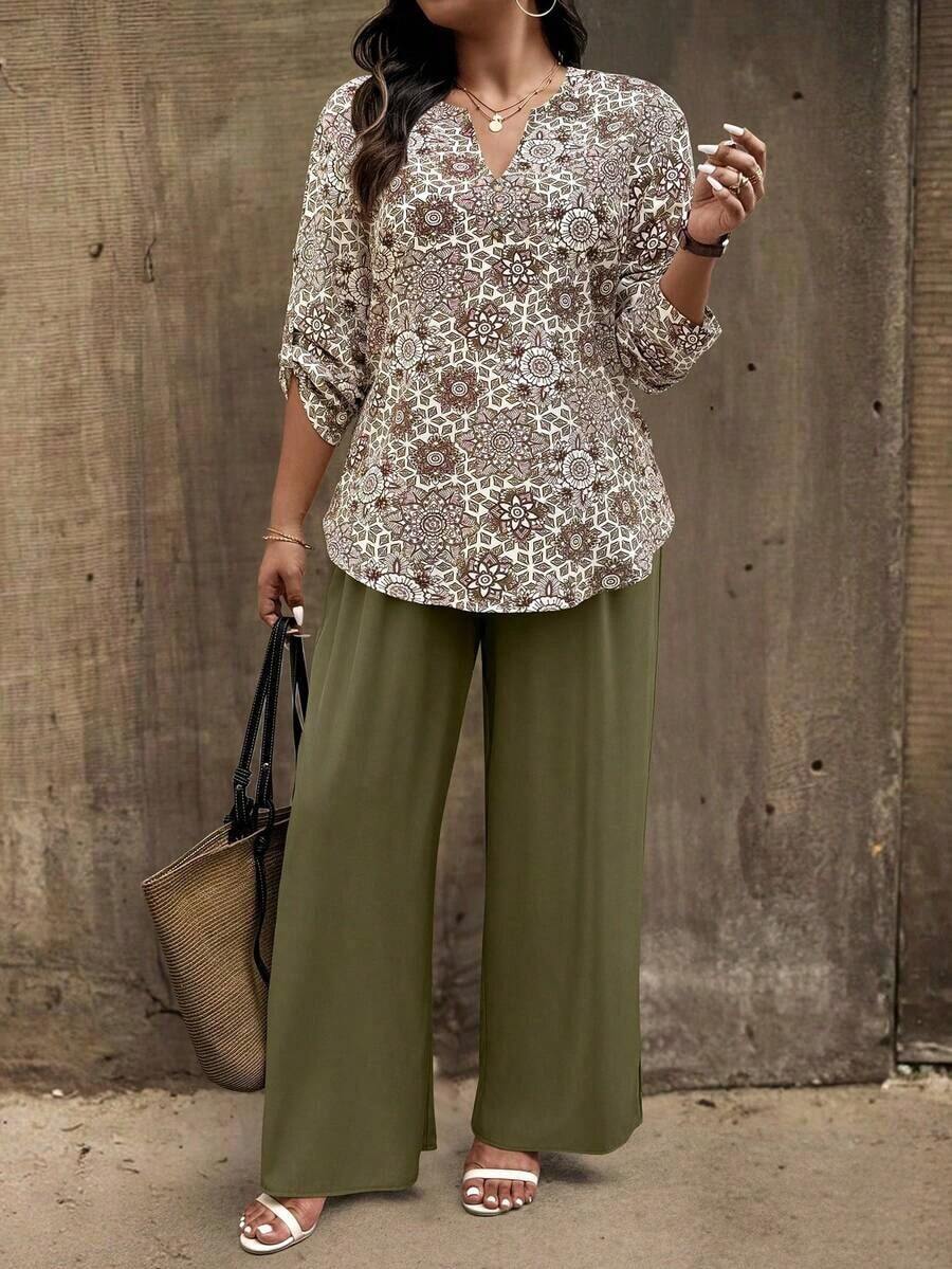 Set de 2 piezas Traje de mujer talla con cuello entallado, mangas con botones y estampado floral de color contrastante - Multicolor 31 - Ver 1