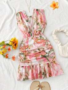 Vestido de vacaciones sin mangas con cuello en V profundo, estampado floral y drapeado - Multicolor - Ver 4
