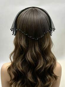 1pc Black Beaded Edge Tulle Headband, Gothic Mesh Forehead Hair Accessory, Halloween Ghost Bride Party Hair Ornament - Black - View 6