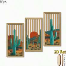 3 pièces Ensemble de décoration murale en bois plat 2D Saguaro Cactus - Art mural en bois creux de coucher de soleil désertique bohème, convient pour le salon, la chambre à coucher - Suspension murale en bois de cactus western vintage - 3 pièces - Voir 1