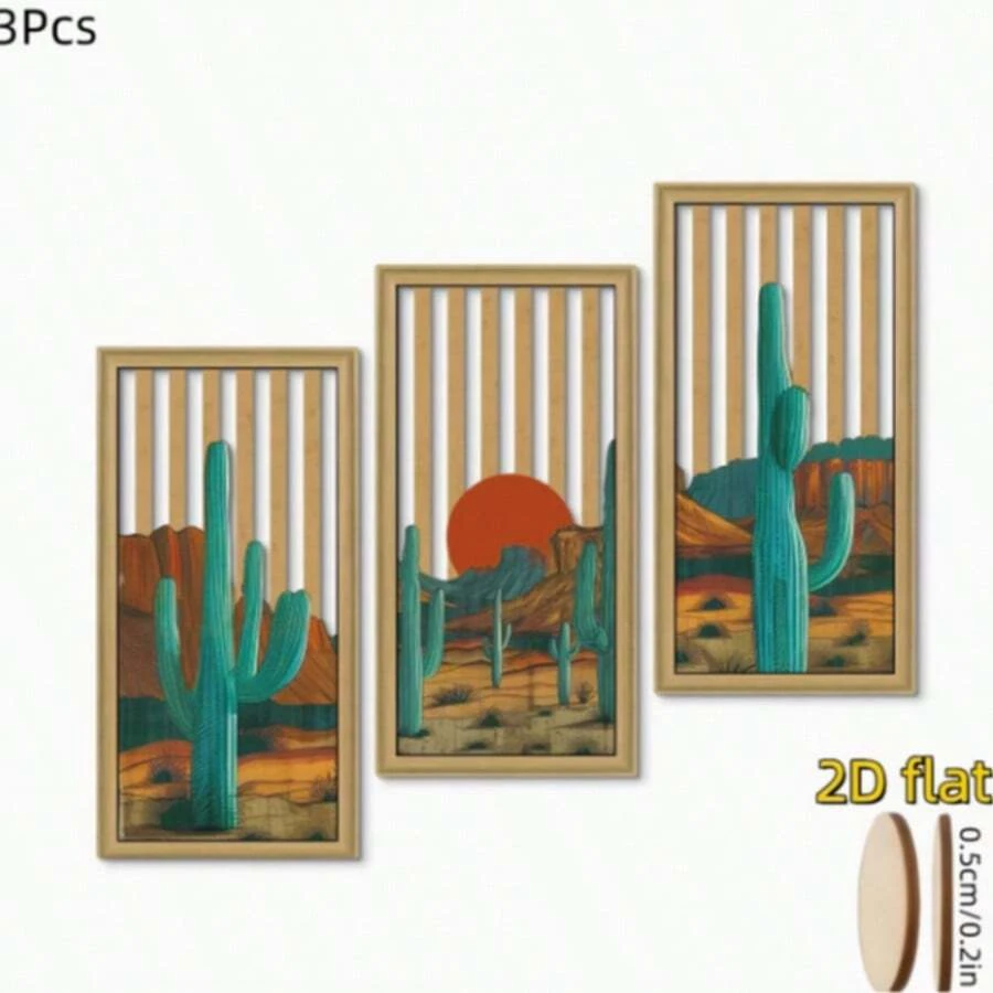 3 pièces Ensemble de décoration murale en bois plat 2D Saguaro Cactus - Art mural en bois creux de coucher de soleil désertique bohème, convient pour le salon, la chambre à coucher - Suspension murale en bois de cactus western vintage - 3 pièces - Voir 1