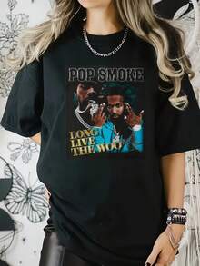 Pop Smoke Larga Vida Al Woo Estampado digital Manga corta Unisex Algodón puro Holgado y cómodo - Albaricoque - Ver 7