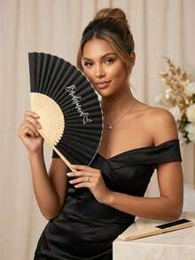 1pc Folding Bamboo Handheld Silk Fan With Elegant Letter Print, Suitable For Wedding Guests, Brides, Parties, Balls, Birthday Parties, Church, Summer Parties, Reception Gift Bag Fillers, Souvenirs, Photo Props, Table Decor, Party Favors, Adult Women, Bridesmaids, Ceremonies, Outdoor Gatherings, Dance Props, Performance Gifts - Multicolor - View 4