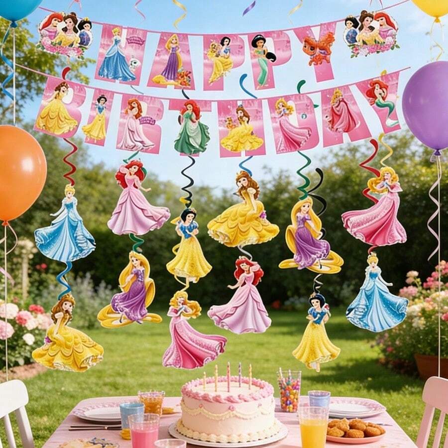 Princess Theme Cake Decoration Set, Includes Castle Birthday Toppers And Cartoon Cupcake Toppers, Girl Party Banner, Spiral Hanging Decorations - Multicolor - View 1