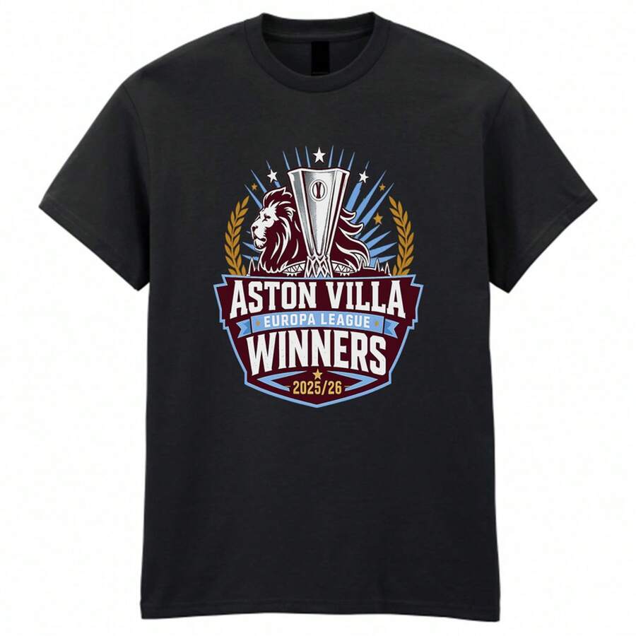 Camiseta de ganador del Aston Villa 2026 Final de la Europa League, camiseta de aficionado al fútbol para adultos y niños, ropa, camisetas para hombres y mujeres, ropa de verano, blusas de verano, tallas grandes S-3XL, talla infantil, camiseta a juego familiar - Negro - Ver 1