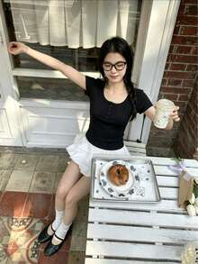 素色標準肩寬短袖女款休閒圓領修身彈性T恤上衣，夏季 - 黑色 - 查看 9