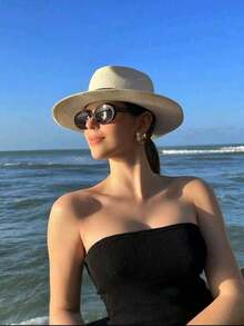 1pc Handmade Woven Panama Cowboy Wide Brim Hat, Bohemian Style Beach Straw Hat, Sun Hat, Casual Windproof Hat For Beach, Designed For Back To School Season, Random Edge Rope Color, Suitable For Vacation Travel - A - View 3