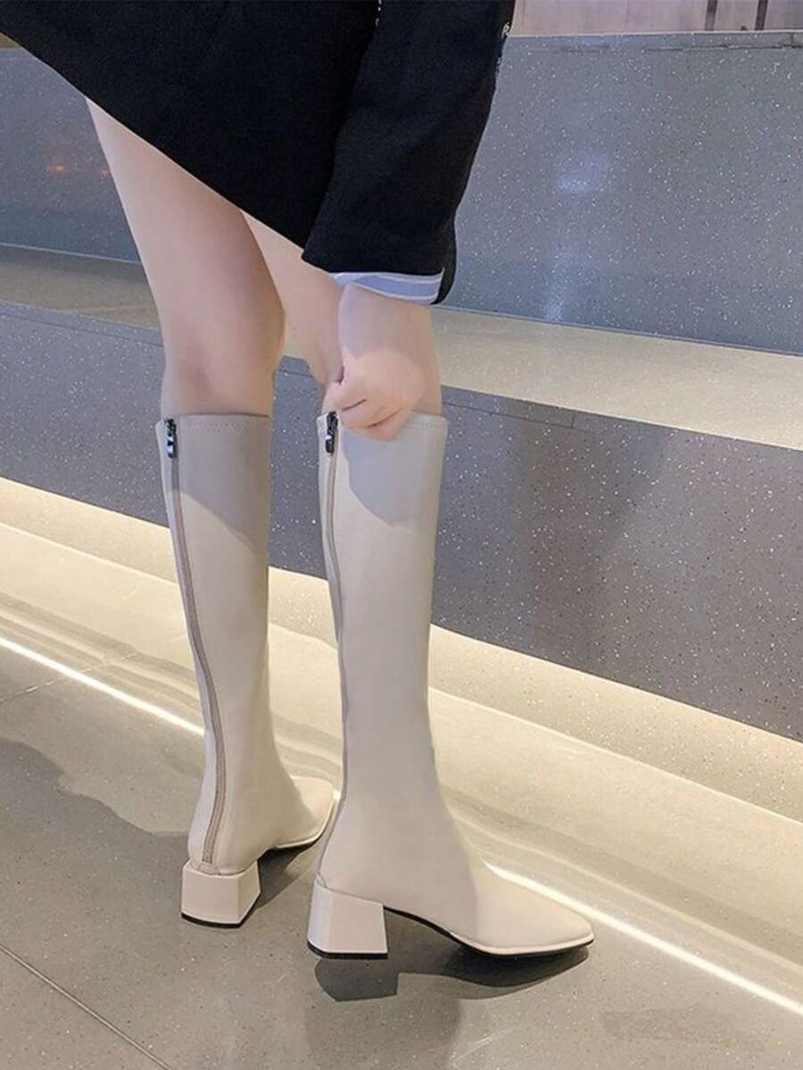 Botas de caña alta con punta cuadrada de unicolor minimalista, botas largas elegantes de tacón grueso para ir al trabajo - Beis - Ver 1