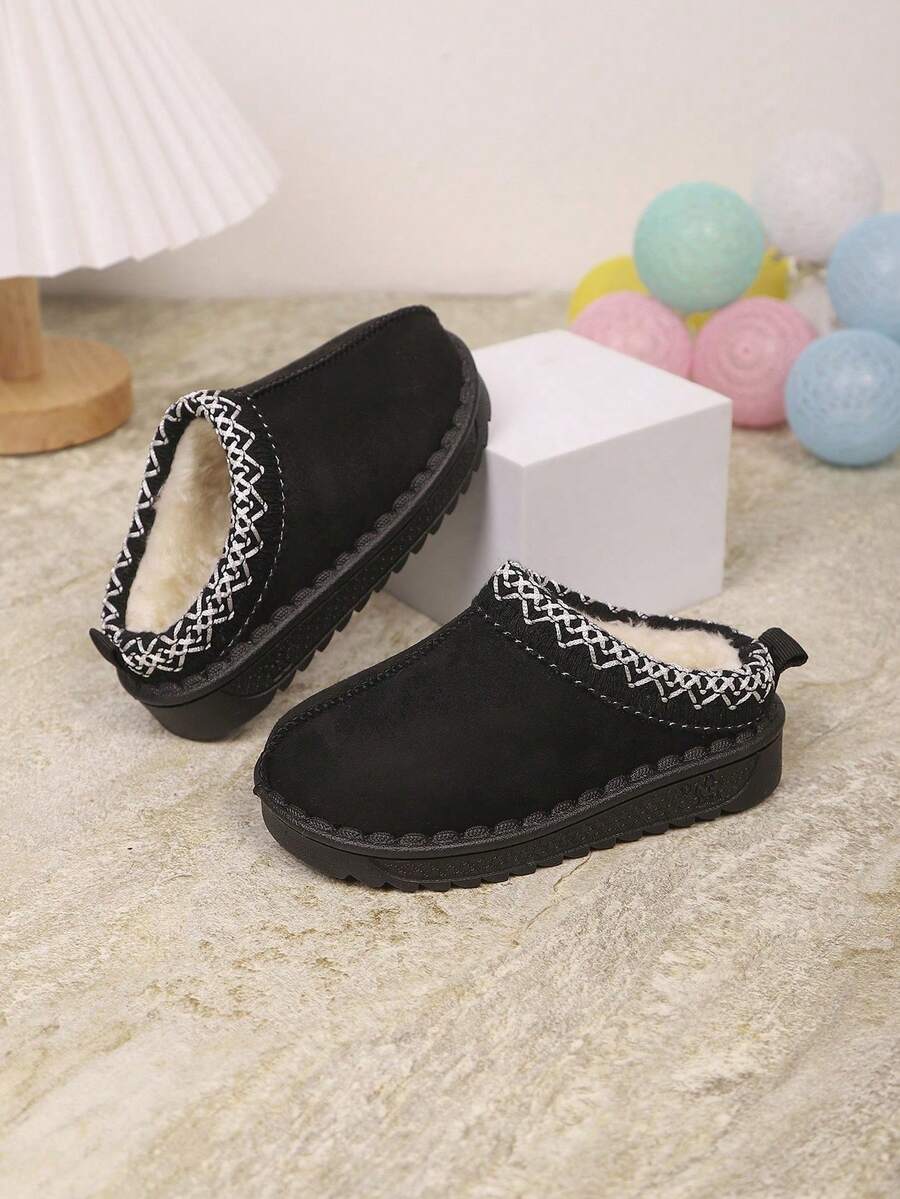 Children's Black Winter Slip-On Slippers, Suede Upper With Woven Trim, Comfortable Fleece Lining, Non-Slip Sole, Suitable For Indoor And Outdoor Use - Black - View 1