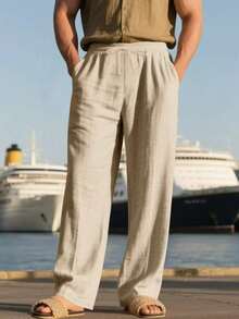 Men's Breathable Lightweight Loose Linen Sports Pants, Suitable For Summer/Spring Wear, Beach Shorts - Khaki - View 3