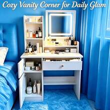 LED Lighted Square Mirror Makeup Vanity Desk, Multifunctional Dressing Table With Drawer & Side Cabinet, White Storage Vanity Table With Shelves, Bedroom Furniture Gift For Women Girls Birthday Christmas - 白色 - 查看 1