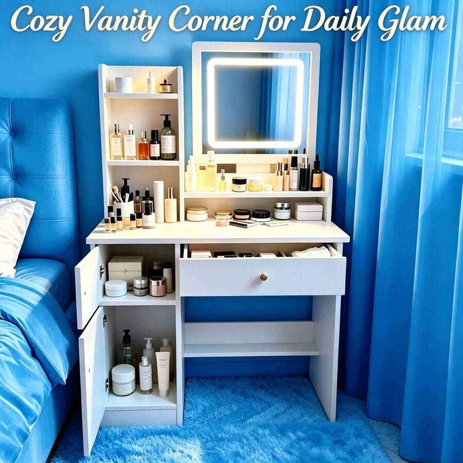LED Lighted Square Mirror Makeup Vanity Desk, Multifunctional Dressing Table With Drawer & Side Cabinet, White Storage Vanity Table With Shelves, Bedroom Furniture Gift For Women Girls Birthday Christmas - 白色 - 查看 1
