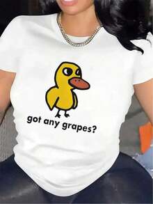 Women's Short-Sleeved T-Shirt. A Black T-Shirt With The Phrase 'Do You Have Grapes?' Perfect Design For Casual Dinners. It's Made Of A Soft And Durable Fabric That Ensures Comfort For Everyday Wear. Its Lightweight Construction Includes A Yellow Duck Graphic On The Front And Is Ideal For Women's Summer Outfits. - 白色 - 查看 1